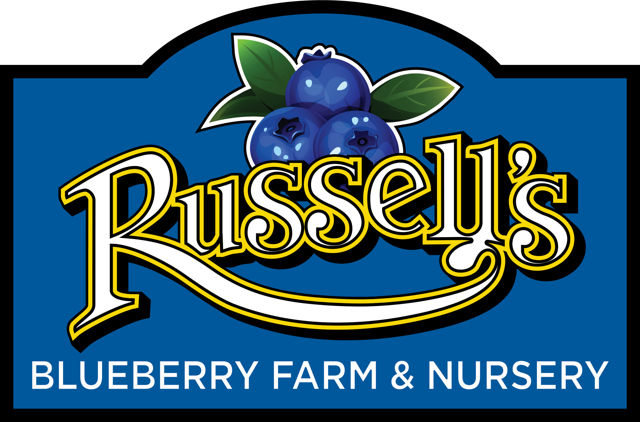 Logo of Russell's Blueberry Farm & Nursery featuring vibrant blueberries and green leaves on a blue background, highlighting the farm's focus on fresh blueberries and nursery plants.